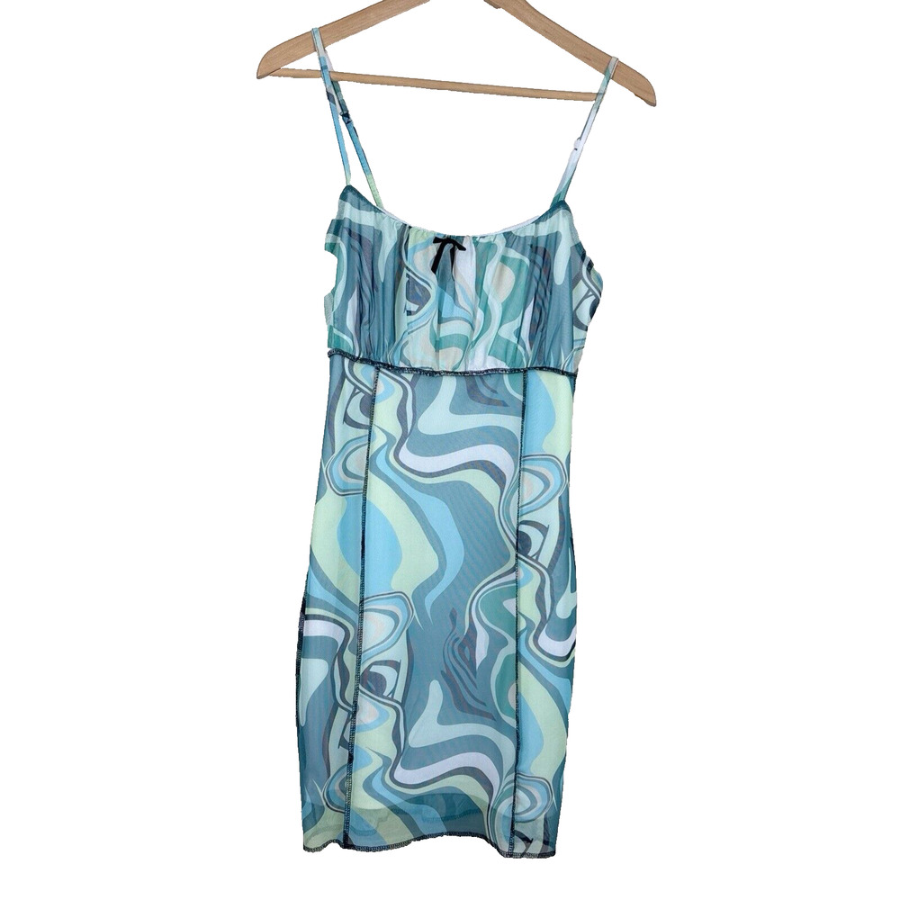 Rue 21 Trippy Print Mesh Mini Dress Womens Size M Y2K Retro 90s Mod Rave Bow